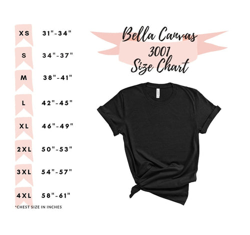 Size chart for Bella Canvas 3001 t-shirt showing chest widths from XS 31-34 inches to 3XL 58-61 inches.