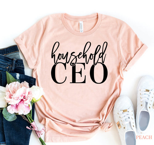 Peach Bella Canvas cotton T-shirt with "Household CEO" text, styled on jeans and sneakers.