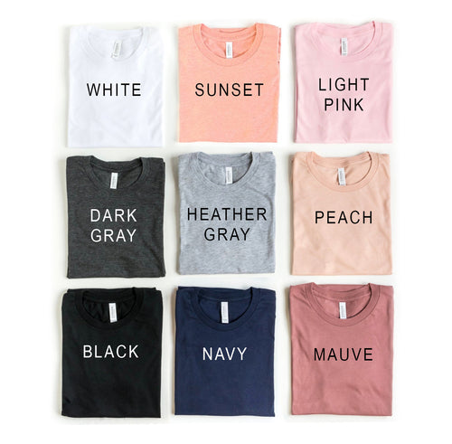 Nine Bella Canvas t-shirts in white, sunset, light pink, dark gray, heather gray, peach, black, navy, and mauve colors.