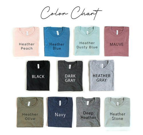Color chart showing Raising Little People T-shirt in 12 colors including peach, black, and navy.