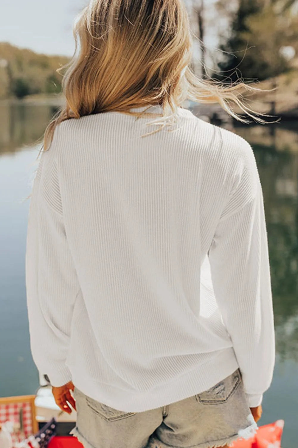 Long sleeve sweatshirt with US flag print in a polyester blend fabric and corded texture