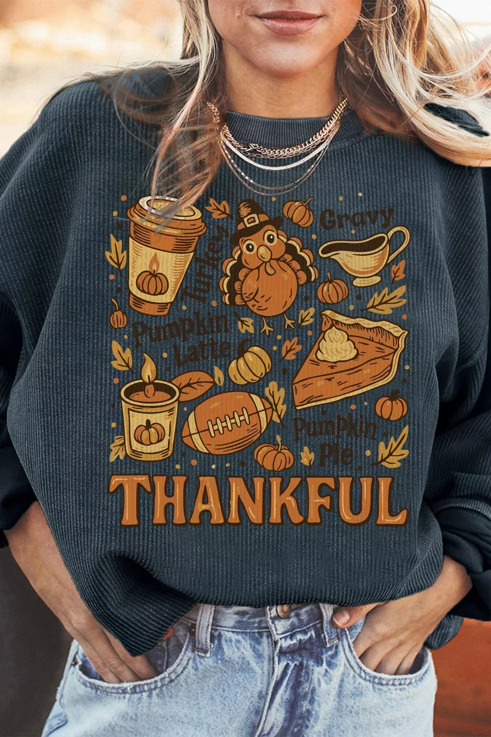 Long sleeve sweatshirt with Thankful Thanksgiving graphic in basic style and slight stretch