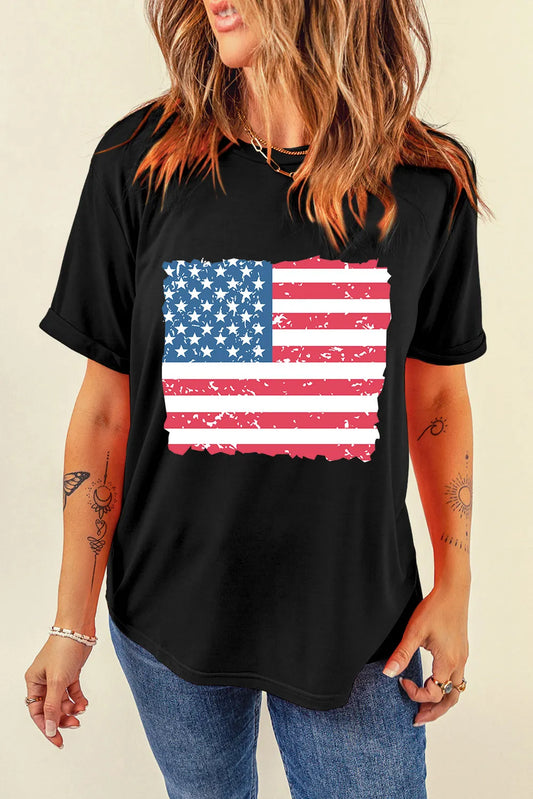US flag short sleeve t-shirt in a polyester cotton blend with slight stretch.