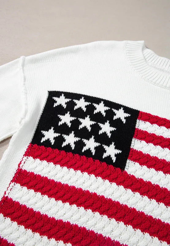 Acrylic cotton blend sweater with US flag design and side slits for added style.