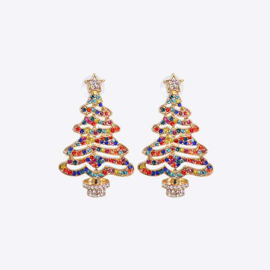 Pair of gold-tone alloy Christmas tree earrings with multicolored rhinestones.