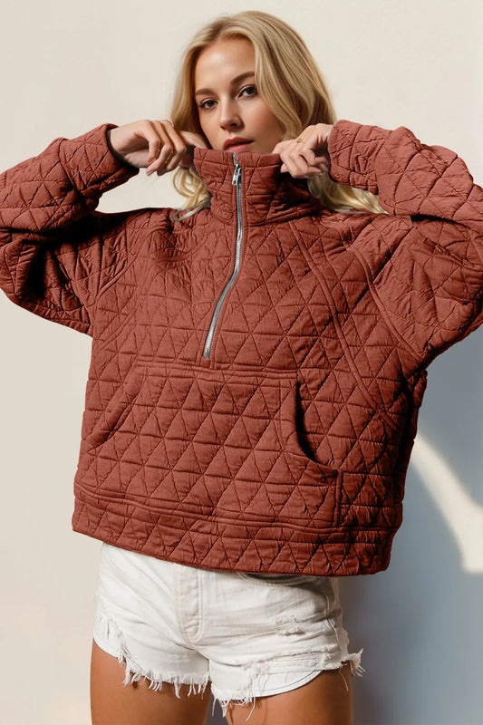 Trendsi Double Take quilted sweatshirt with half zip, long sleeves, and a sheer pocket detail
