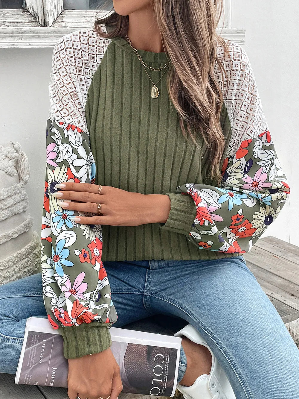 Long sleeve Perfee knit top with round neck and printed polyester blend fabric