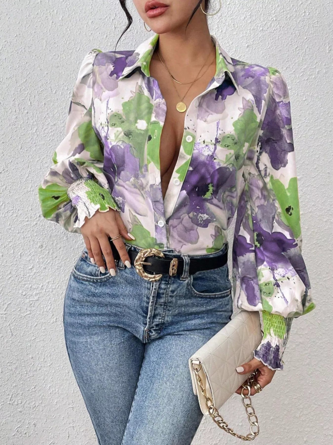 Printed button-up shirt with lantern sleeves in polyester blend fabric