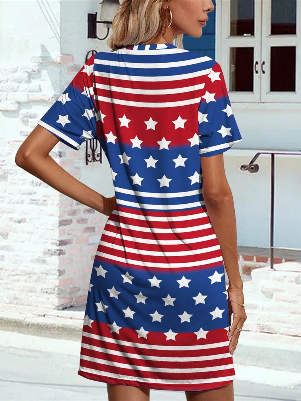 Short sleeve dress with US flag print, sheer pockets, and slightly stretchy fabric.