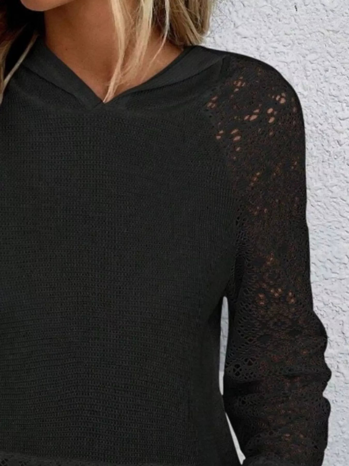 Hoodie with lace sleeves, kangaroo pocket, and slightly stretchy polyester blend fabric