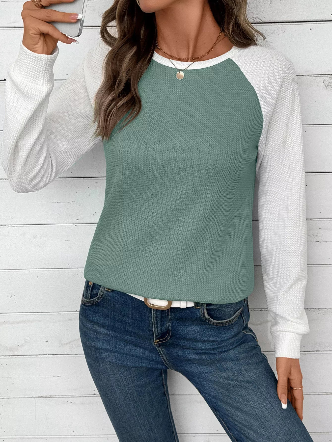 Gray and white contrast raglan sleeve waffle knit t-shirt with a slightly stretchy fit.