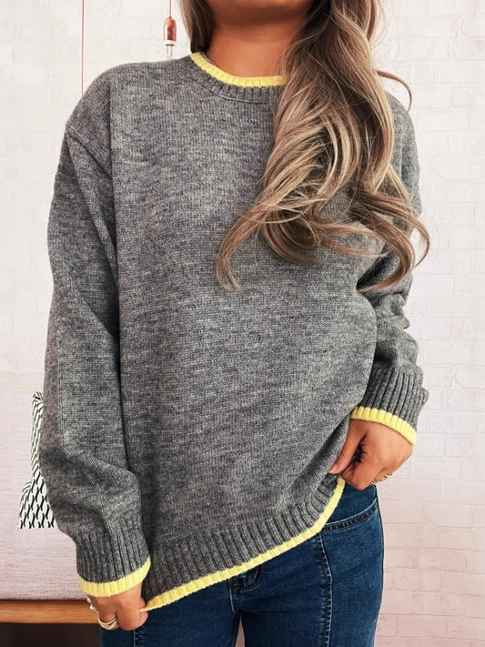 Ribbed long sleeve sweater with contrast trim in black polyester fabric