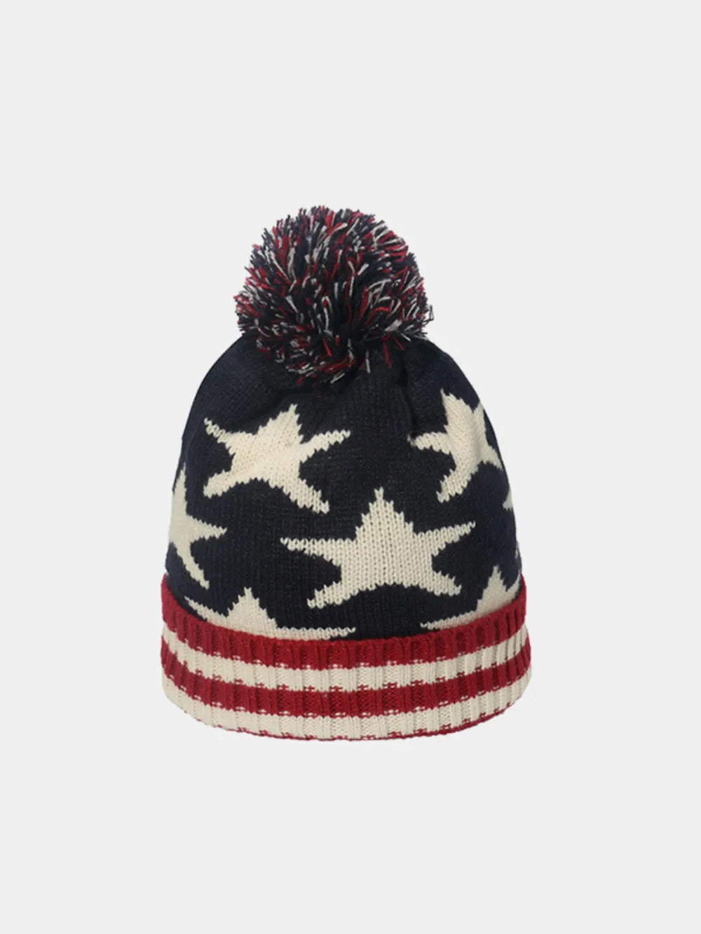 Acrylic blend knit hat with a roll rim featuring the US flag design.