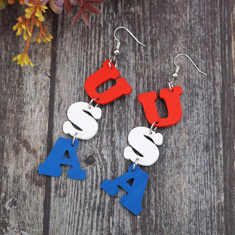 Wooden USA letter Dangle earrings with alloy hooks, length 3.7 inches