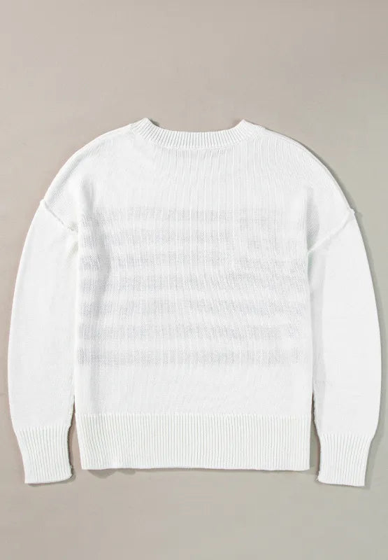 Acrylic cotton blend sweater with US flag design and side slits, featuring drop shoulders.
