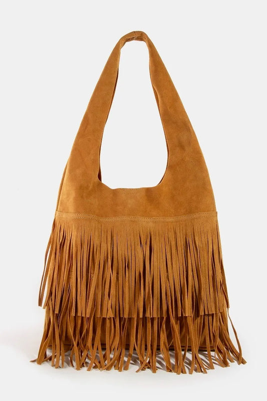 Caramel suede hobo bag with double-layer fringe and wide shoulder straps.