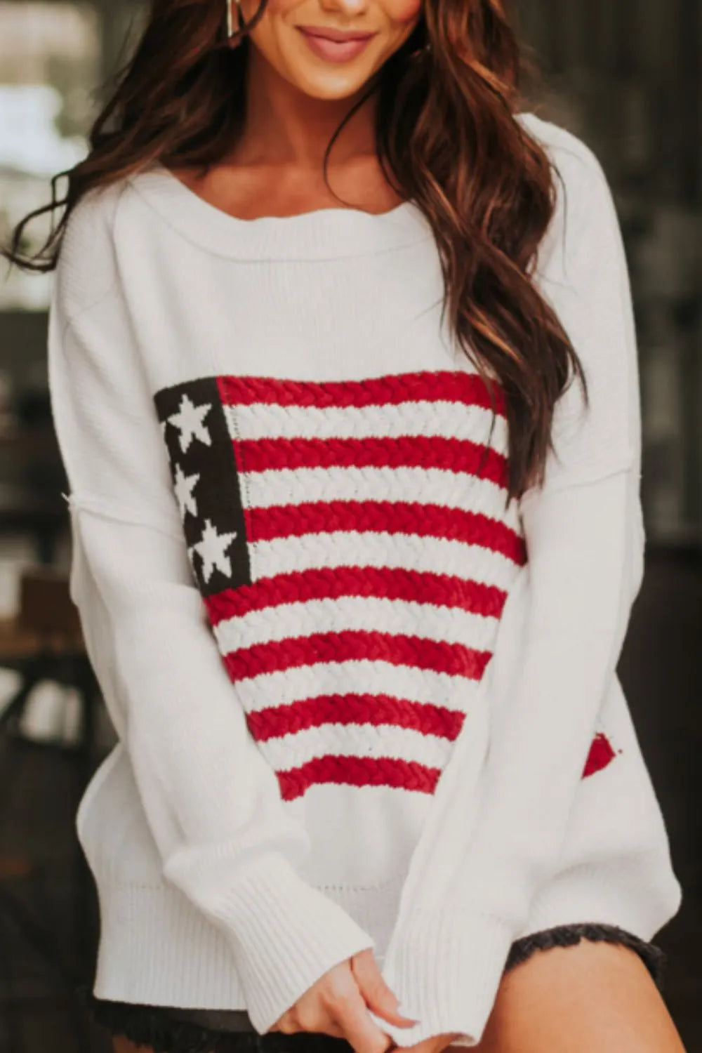 Sweater with US flag design, side slit, drop shoulder, acrylic cotton blend fabric