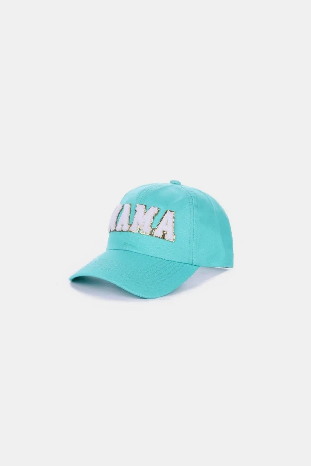 Teal washed cotton baseball cap with white chenille "MAMA" patch.