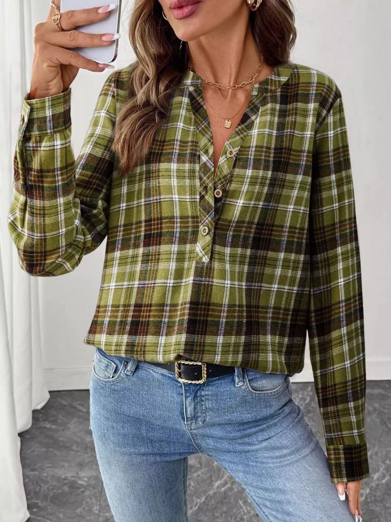 Plaid long sleeve blouse with half button front in polyester blend fabric