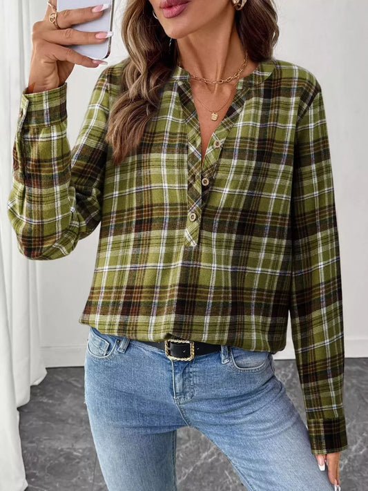 Plaid long sleeve blouse with half button front in polyester blend fabric