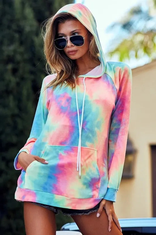 Tie-dye French terry hoodie with kangaroo pocket and drawstring hood.
