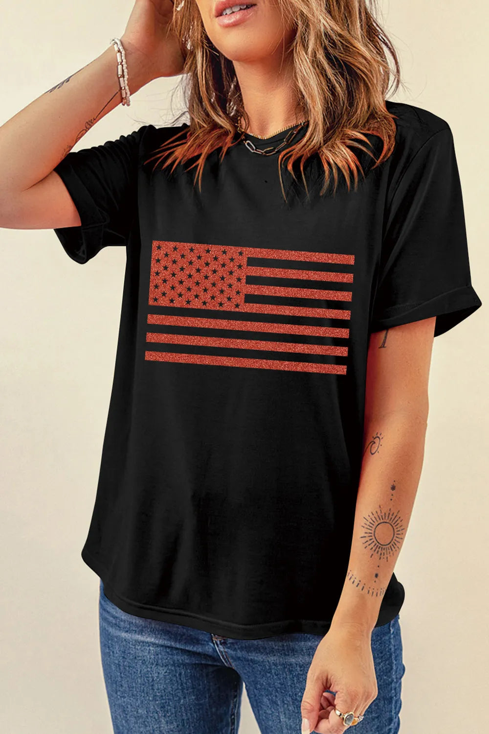 US flag short sleeve t-shirt with a round neck in a polyester blend fabric.