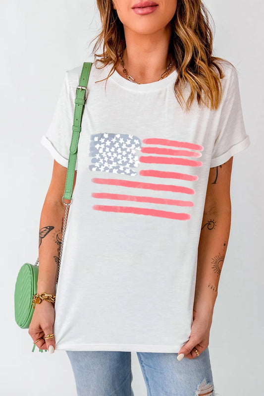 Short sleeve US flag t-shirt made of a polyester cotton blend with slight stretch.