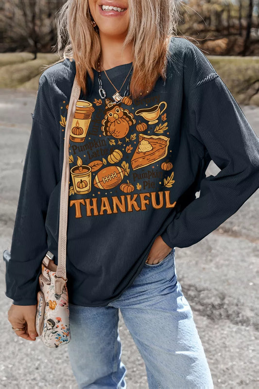 Long sleeve sweatshirt with Thankful Thanksgiving graphic in basic style and slight stretch