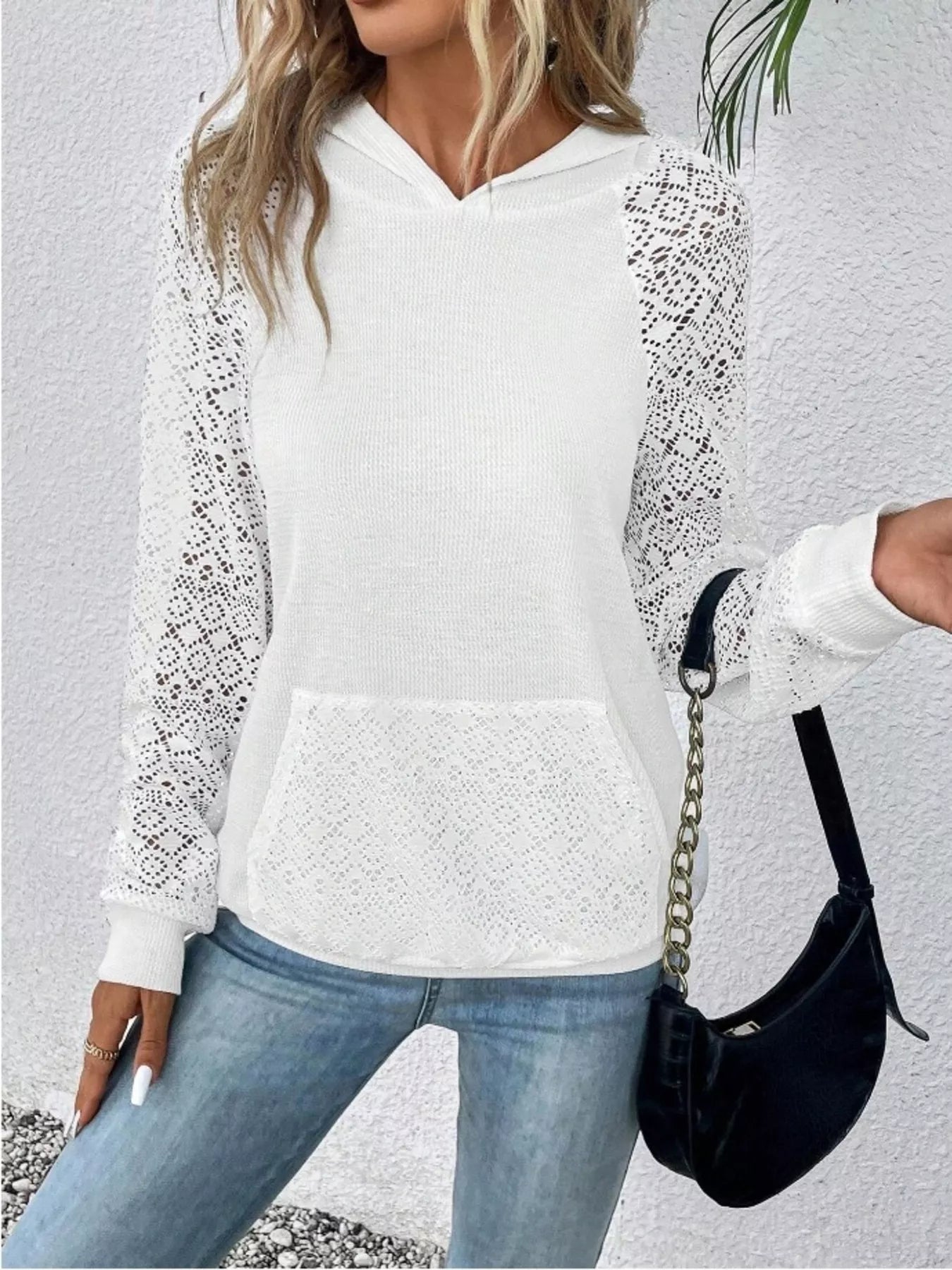 Hoodie with lace sleeves, kangaroo pocket, made of stretch polyester blend fabric