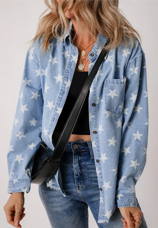 Denim top with a raw hem and star collar, made from a cotton blend.