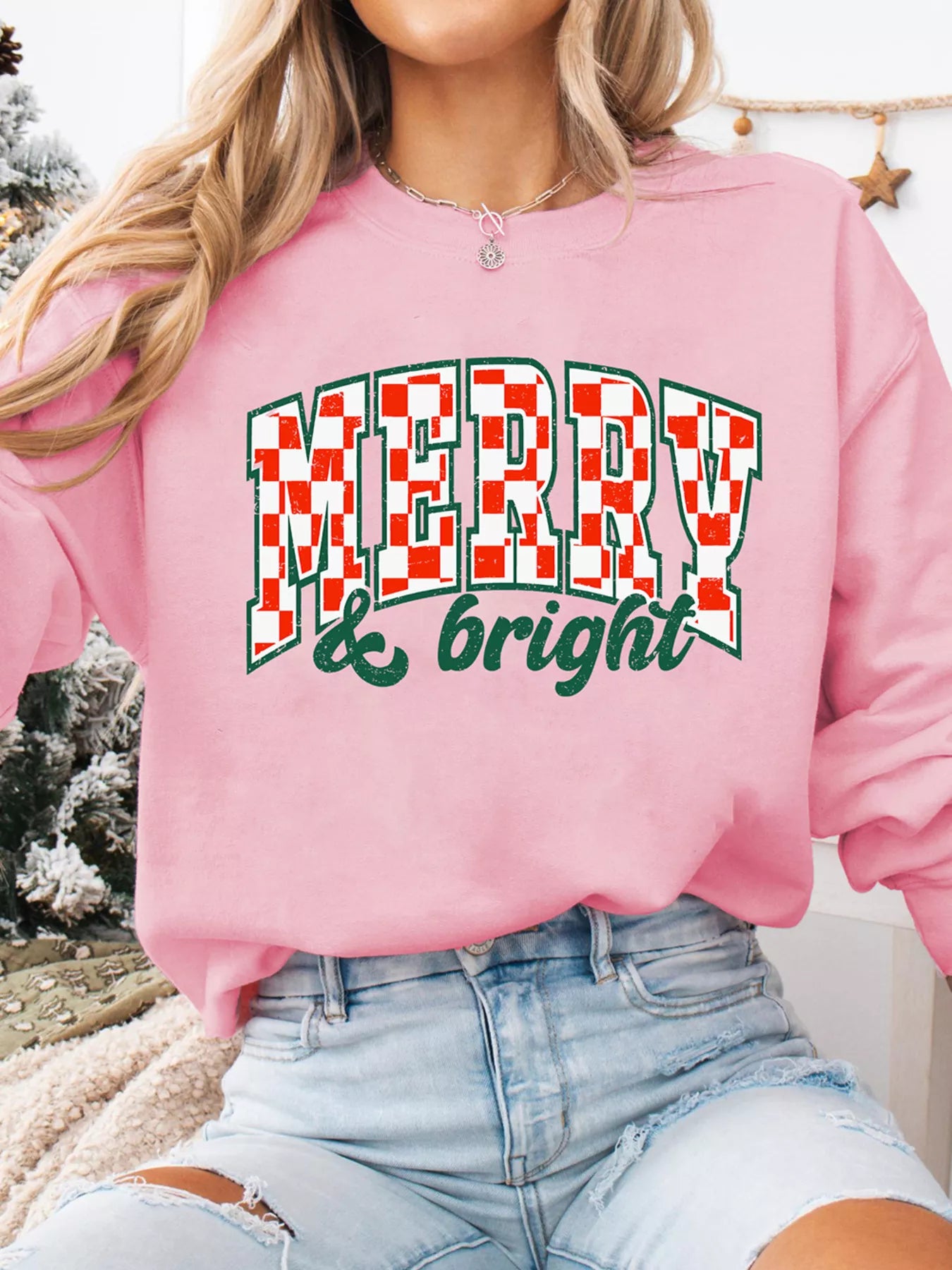 Long sleeve sweatshirt with Merry & Bright Christmas graphic in cotton blend fabric