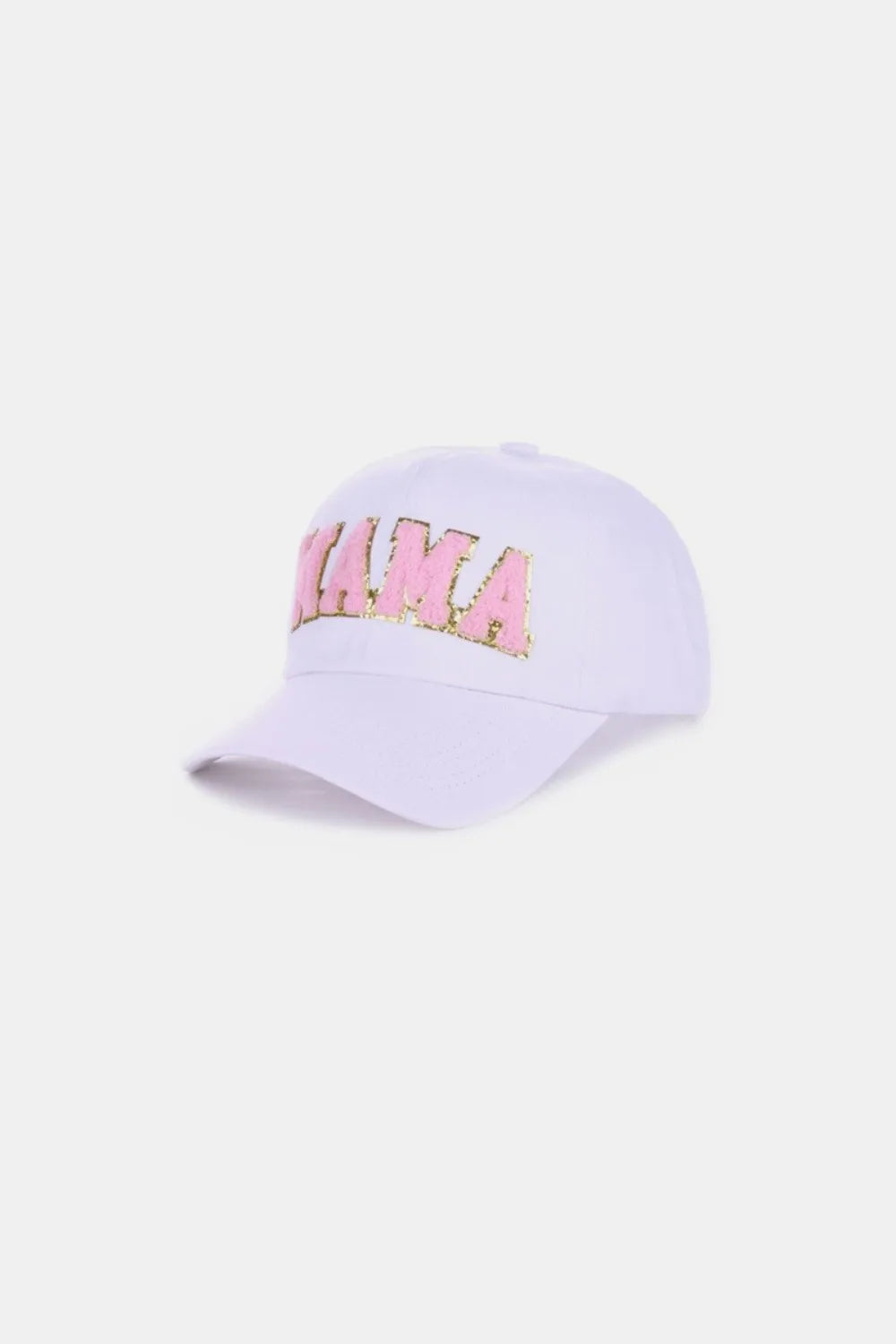 White washed cotton baseball cap with pink chenille "MAMA" patch.