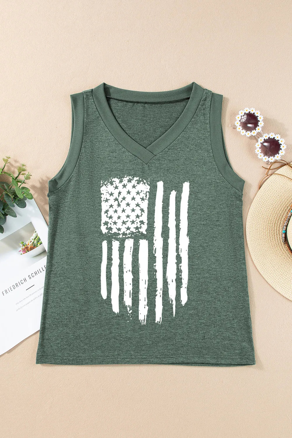 US flag design V-neck tank top made of a slightly stretchy polyester blend.