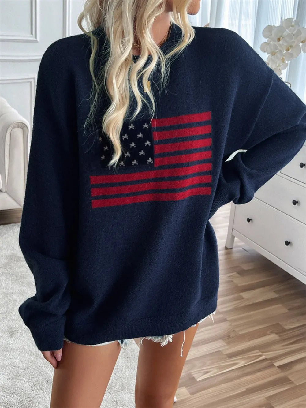 Long sleeve round neck knit top with US flag design in acrylic blend fabric