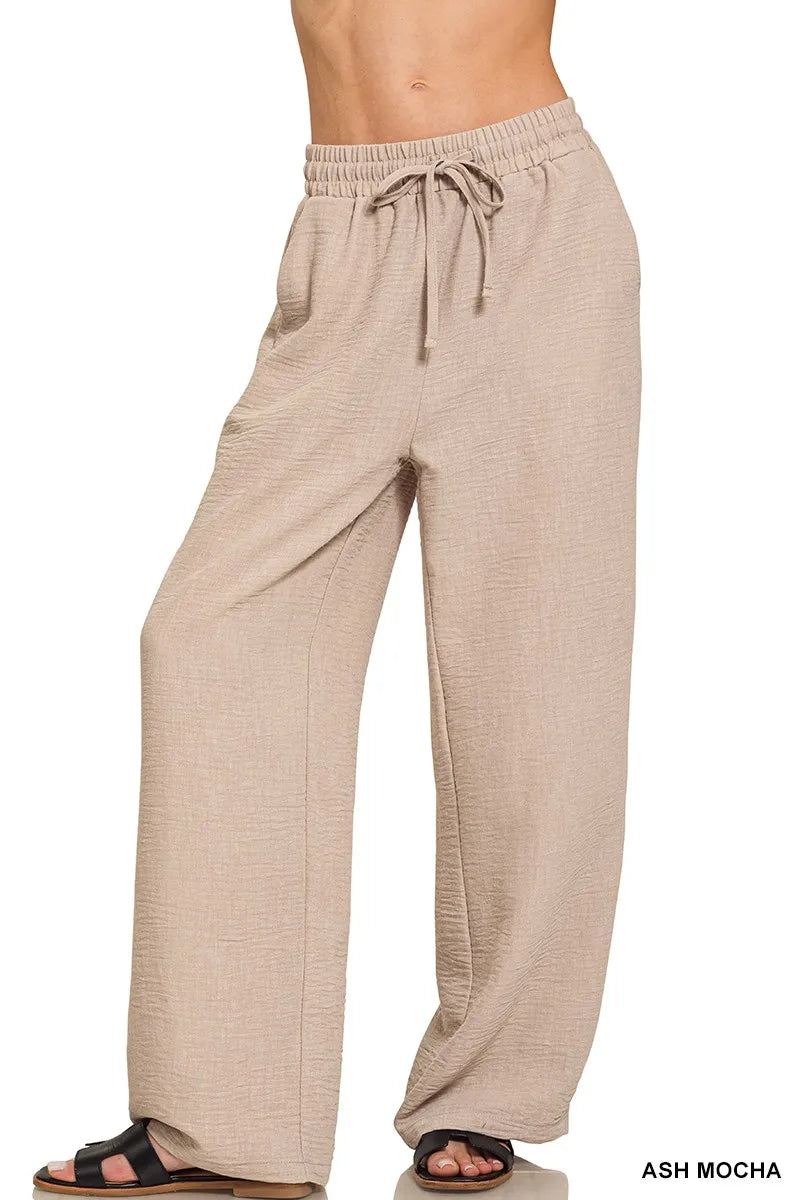 Zenana woven crepe wide-leg pants in ash mocha with drawstring waist.