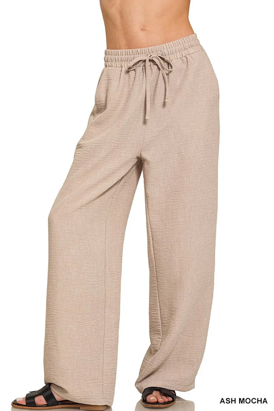 Zenana woven crepe wide-leg pants in ash mocha with drawstring waist.