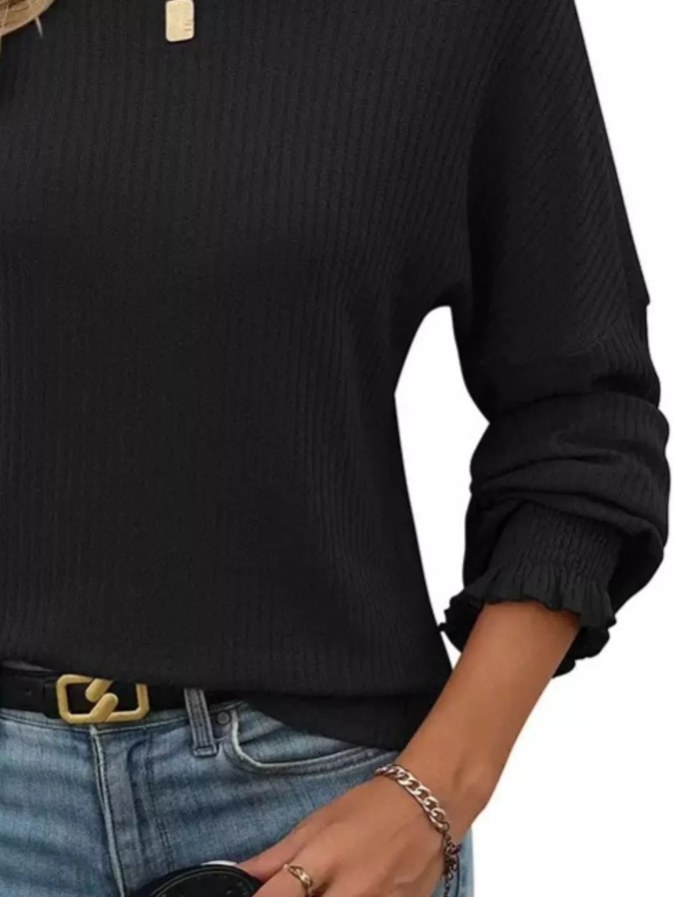 Ribbed knit long sleeve T-shirt in stretchy polyester blend with fitted silhouette and crew neck