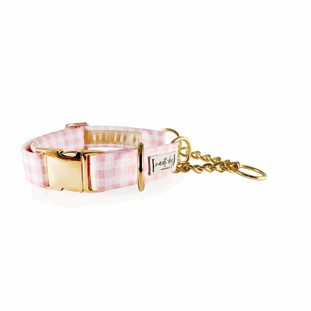 Pink gingham dog collar with gold buckle and martingale chain.