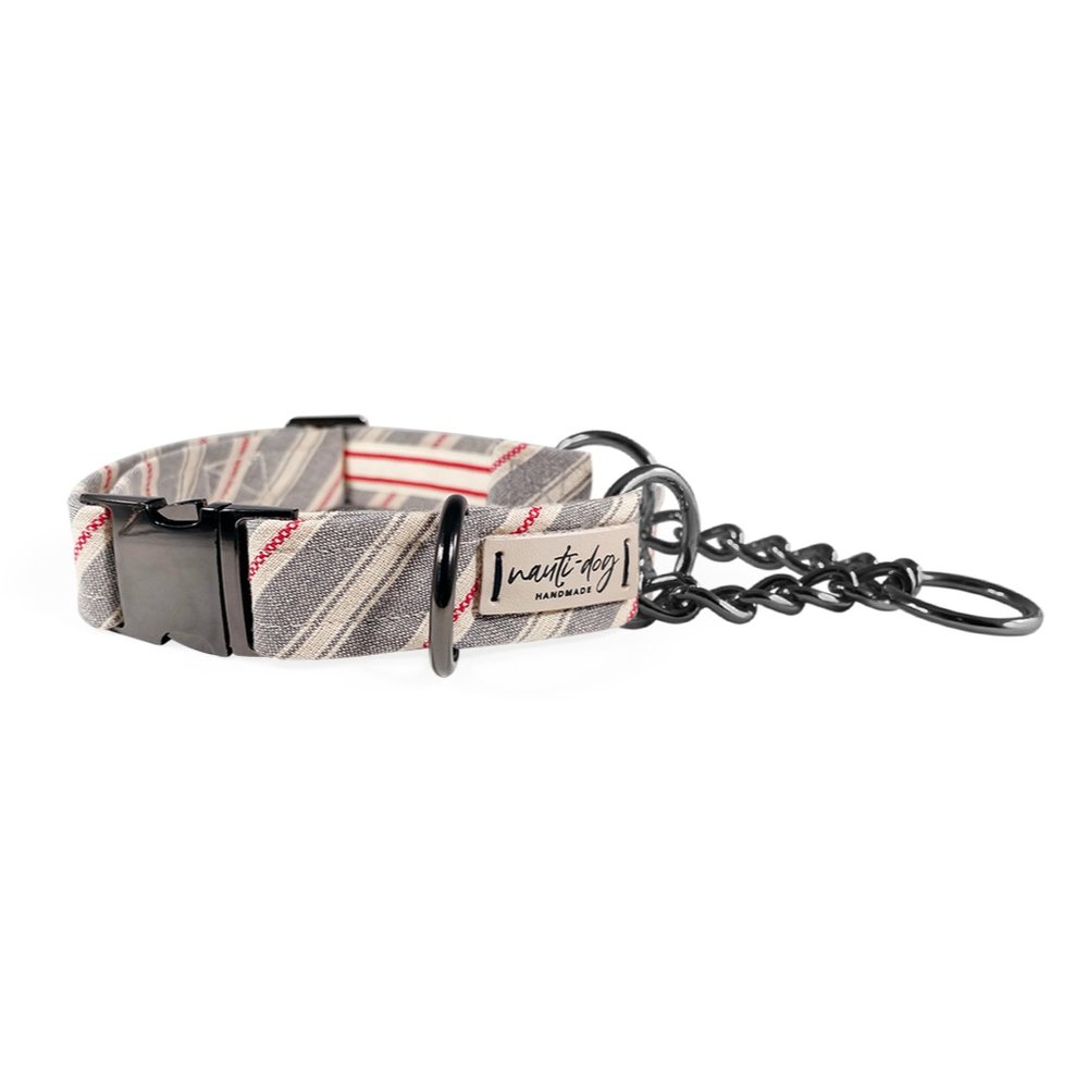 Liberty Patriotic American woven stripe buckle and martingale dog collar in red, white, and blue.