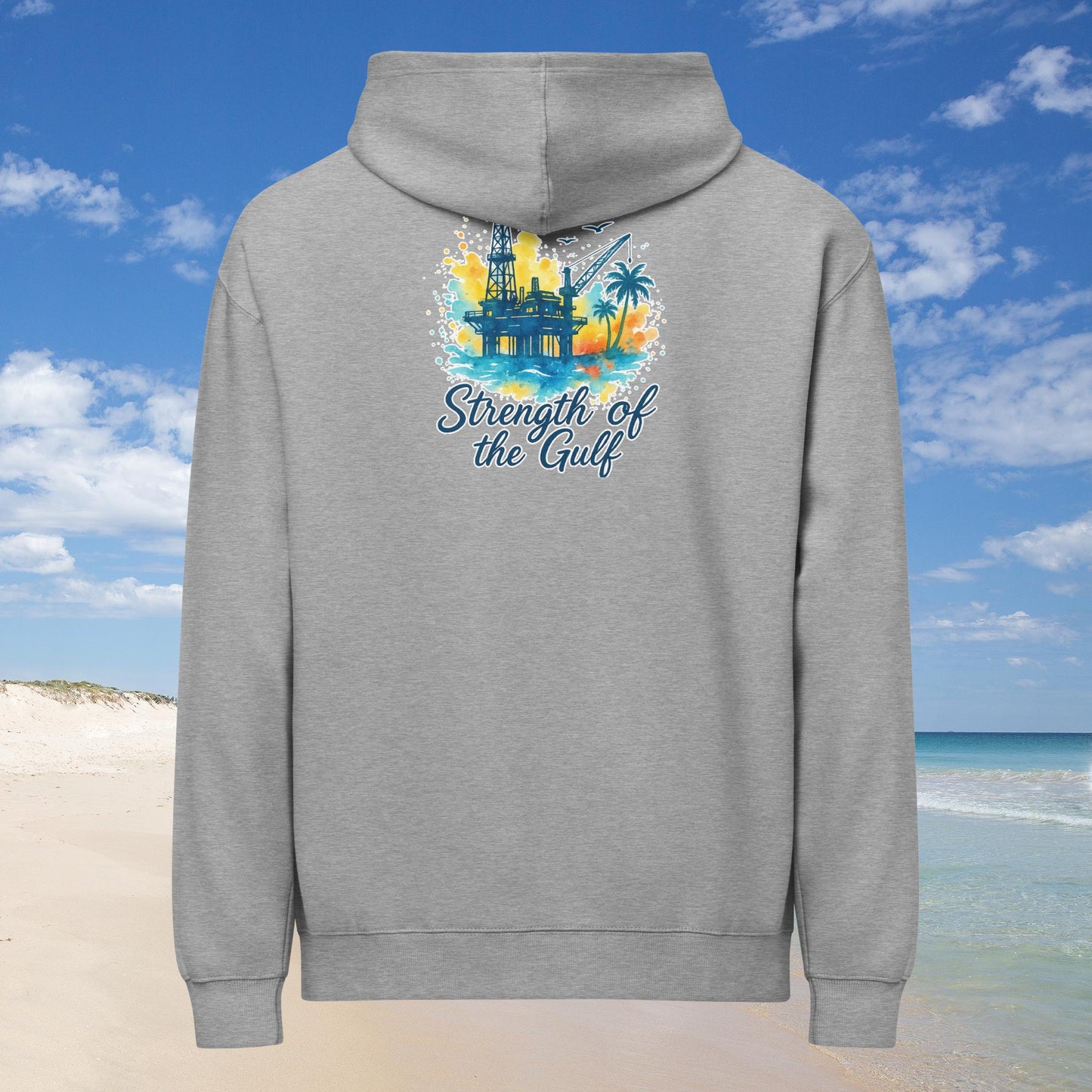 Gray men's boxy hoodie with "Strength of the Gulf" text and watercolor oil rig on back.