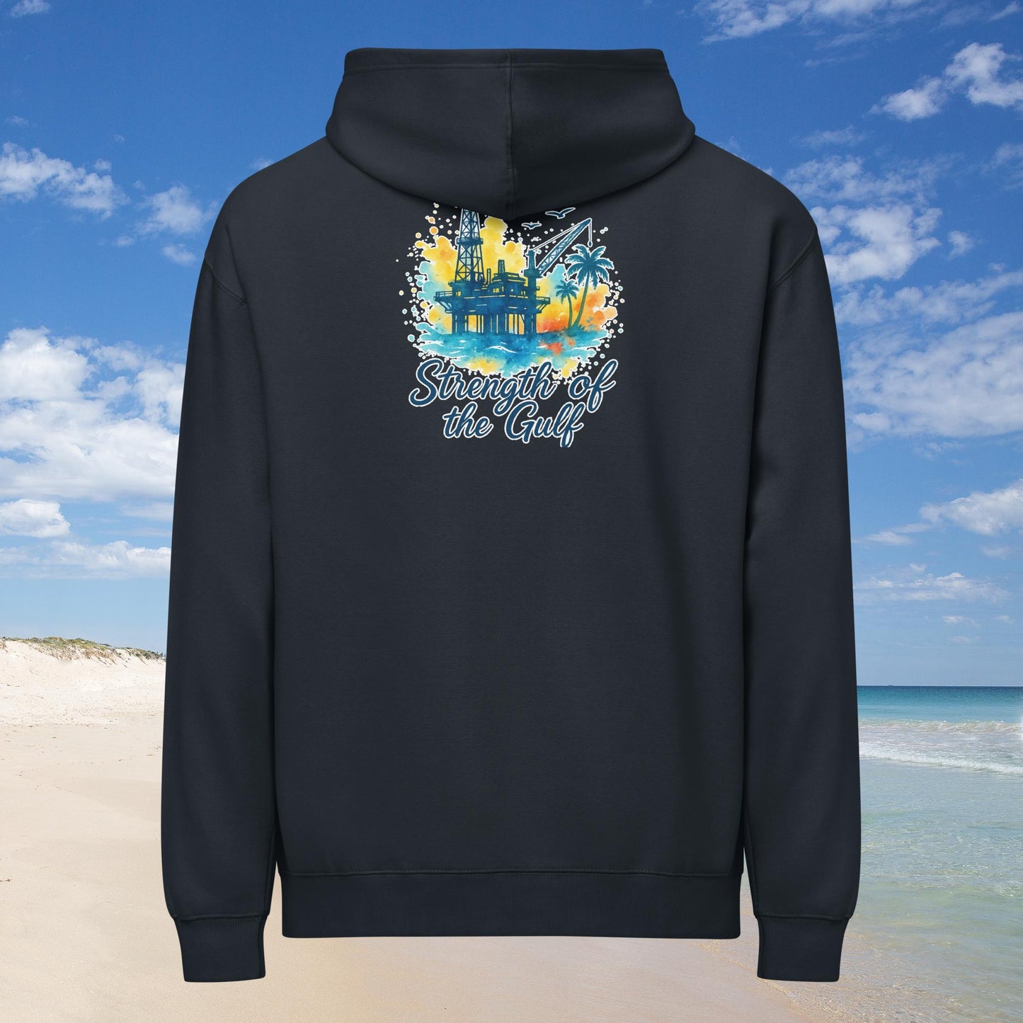 Black men's box hoodie with "Strength of the Gulf" print featuring an oil rig and beach scene.