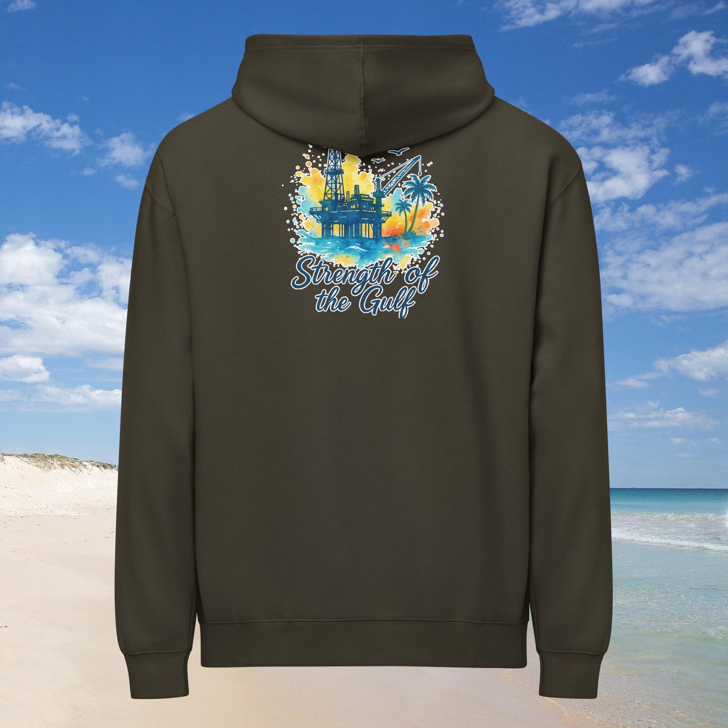 Dark green men's box hoodie with back print of oil rig at sunrise and "Strength of the Gulf" text.