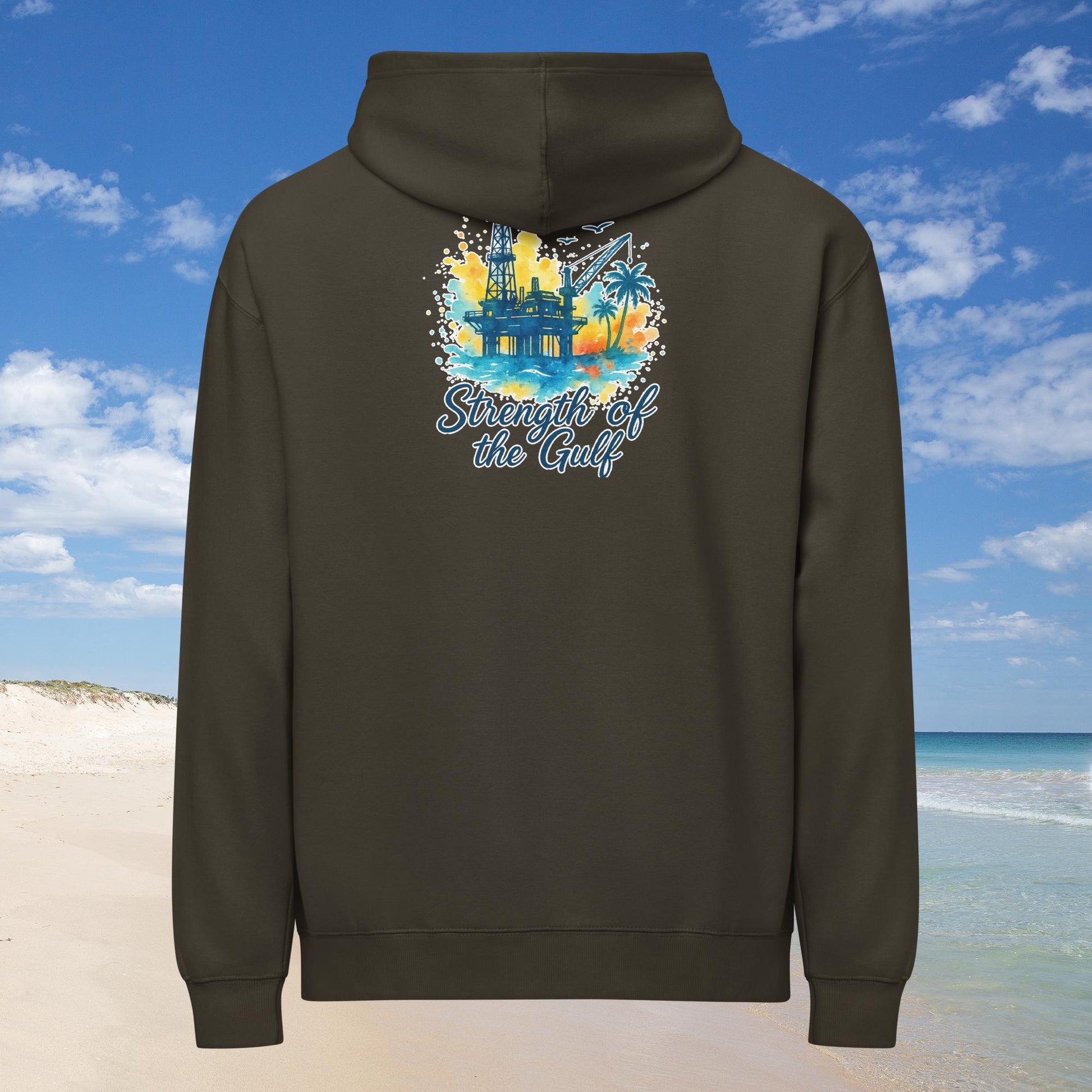 Dark green men's box hoodie with "Strength of the Gulf" text and watercolor oil rig on back.