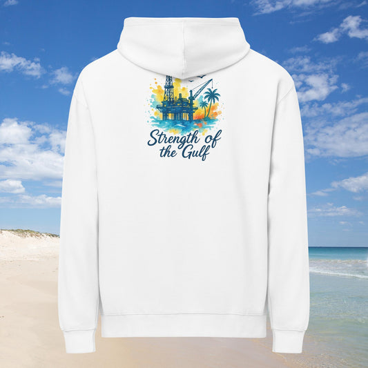 White men's box hoodie with "Strength of the Gulf" text and watercolor oil rig beach design.