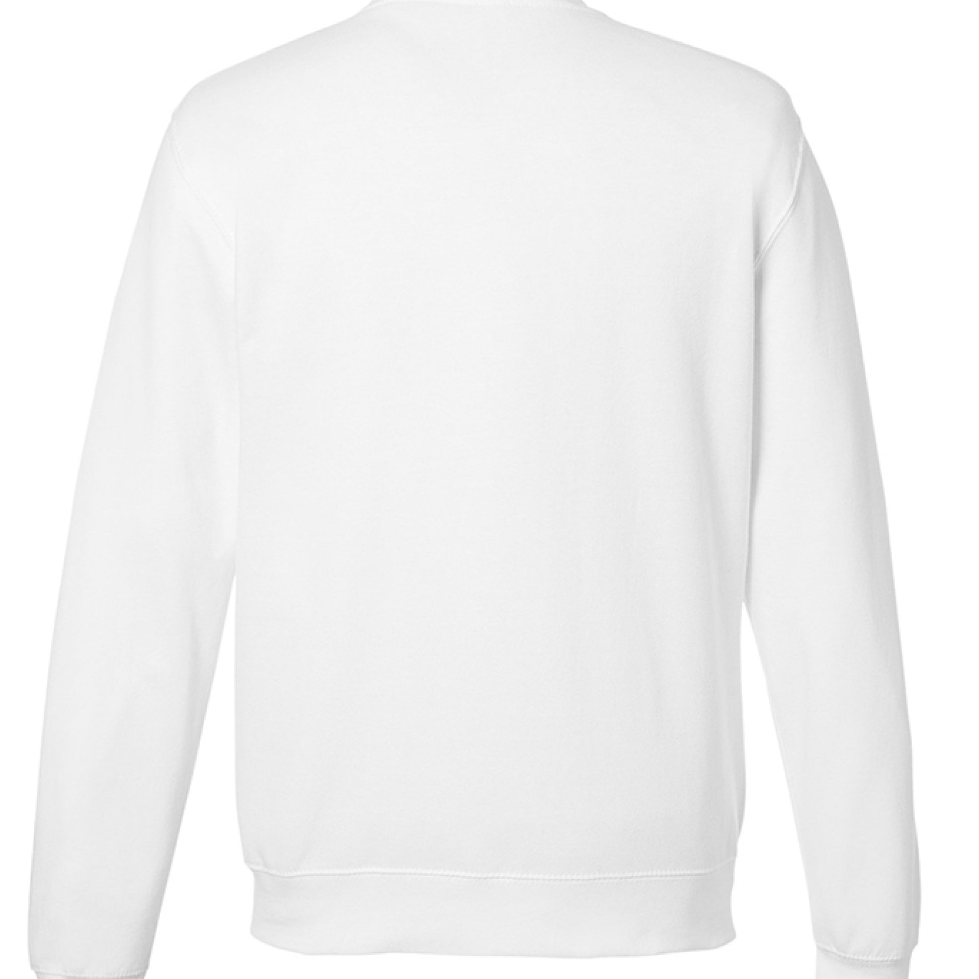 Back view of white midweight cotton crewneck sweatshirt with Jesus is the Reason Santa design.