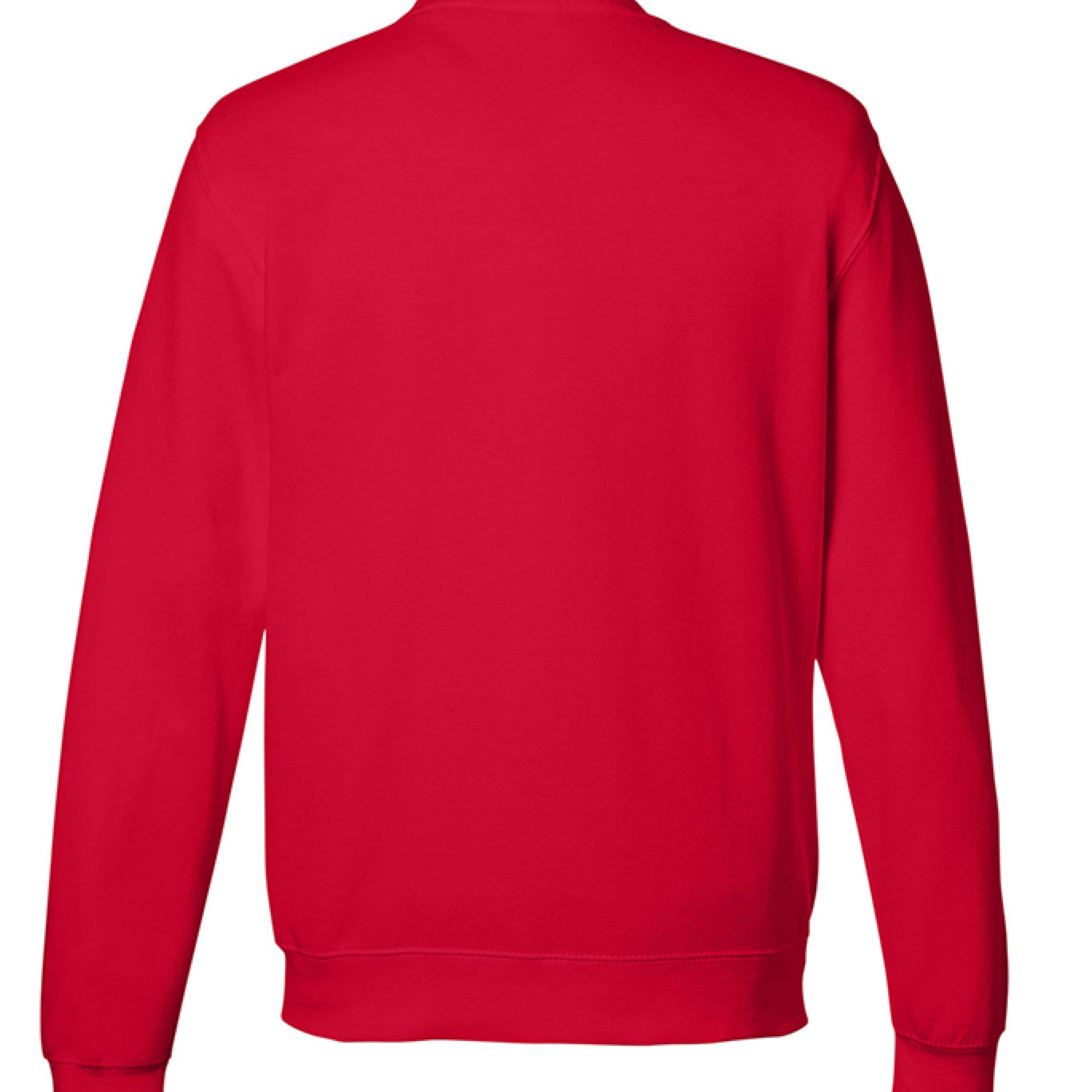 Back view of red midweight cotton crewneck sweatshirt with Jesus is the Reason Santa design.