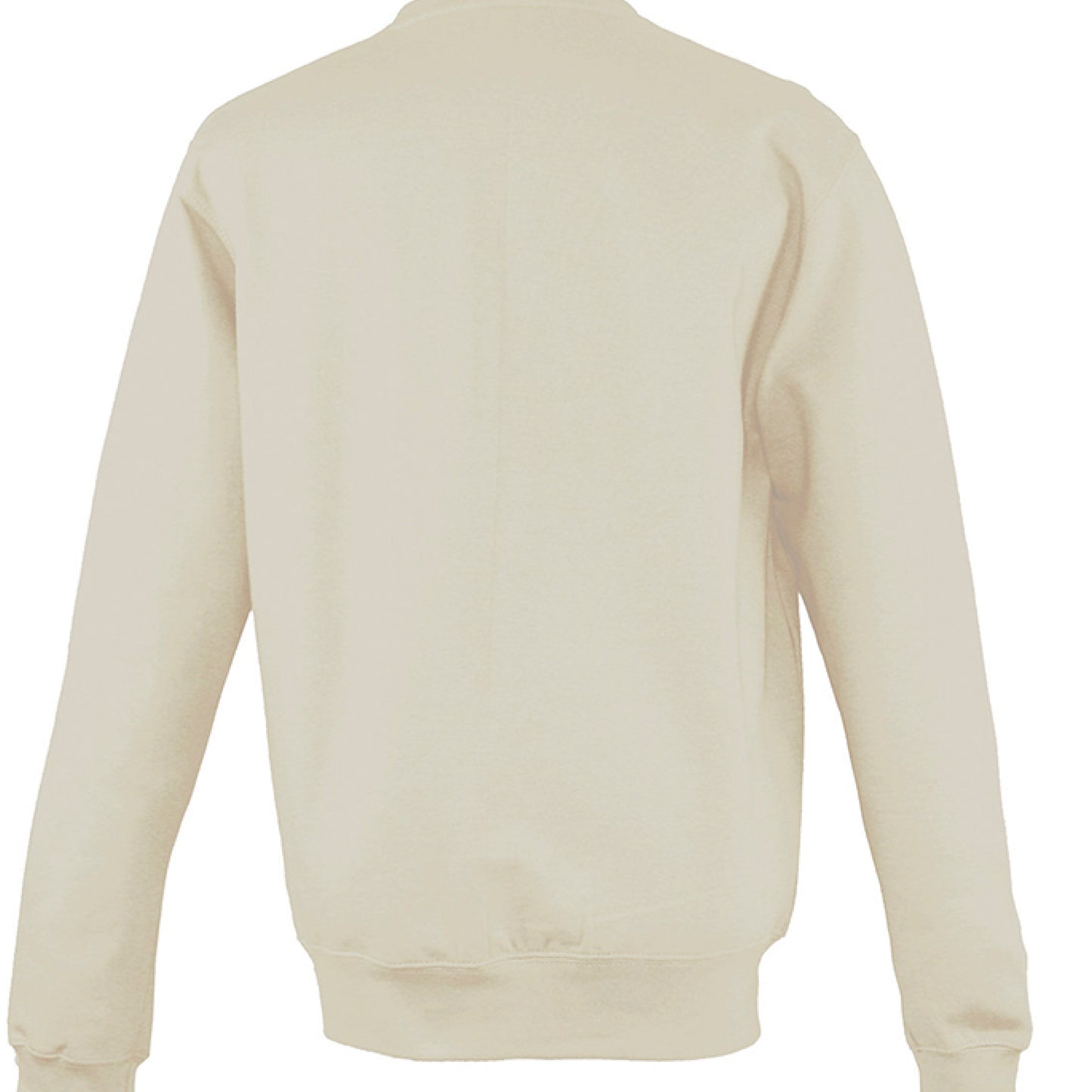 Rear view of a plain beige midweight cotton crewneck sweatshirt.