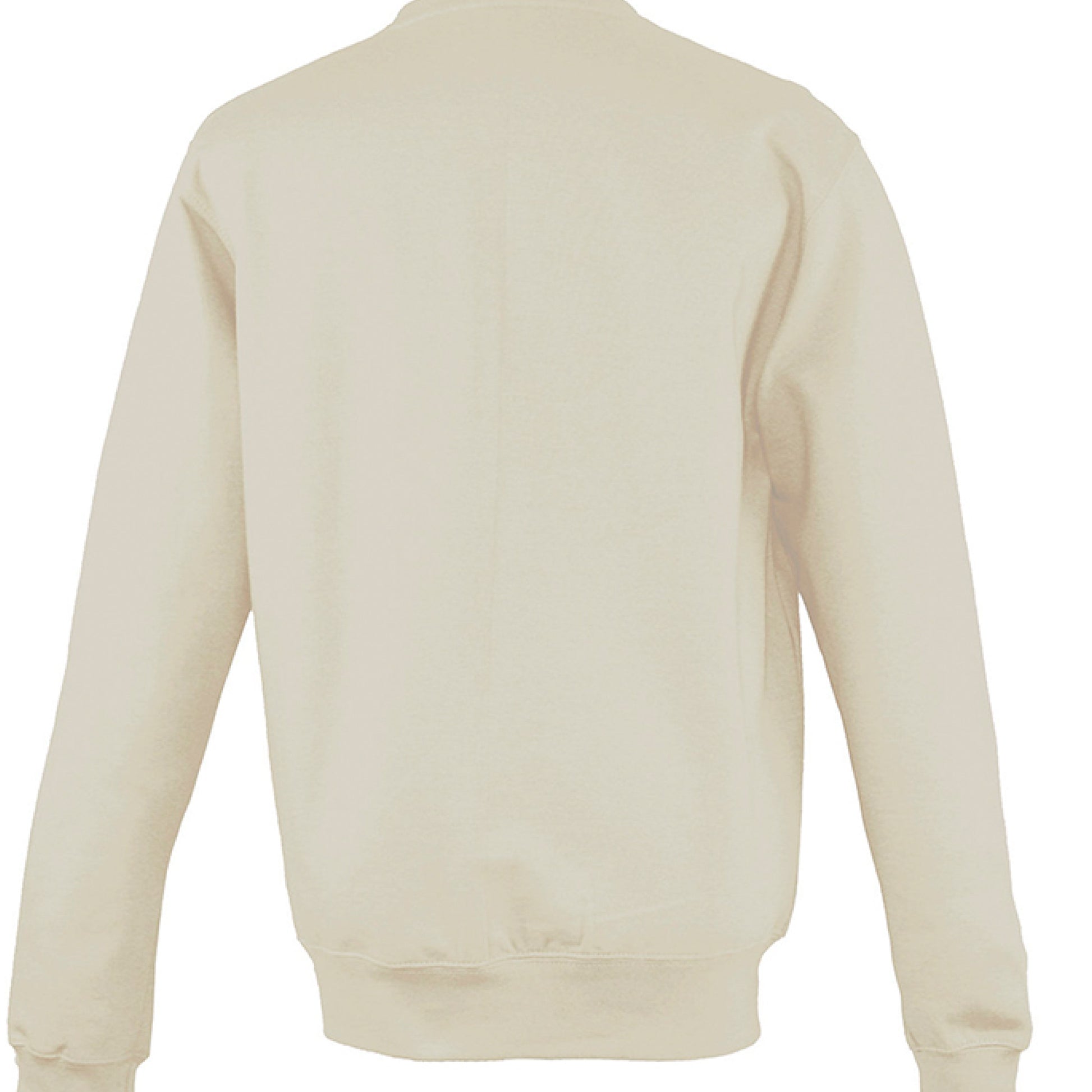 Rear view of a plain beige midweight cotton crewneck sweatshirt.