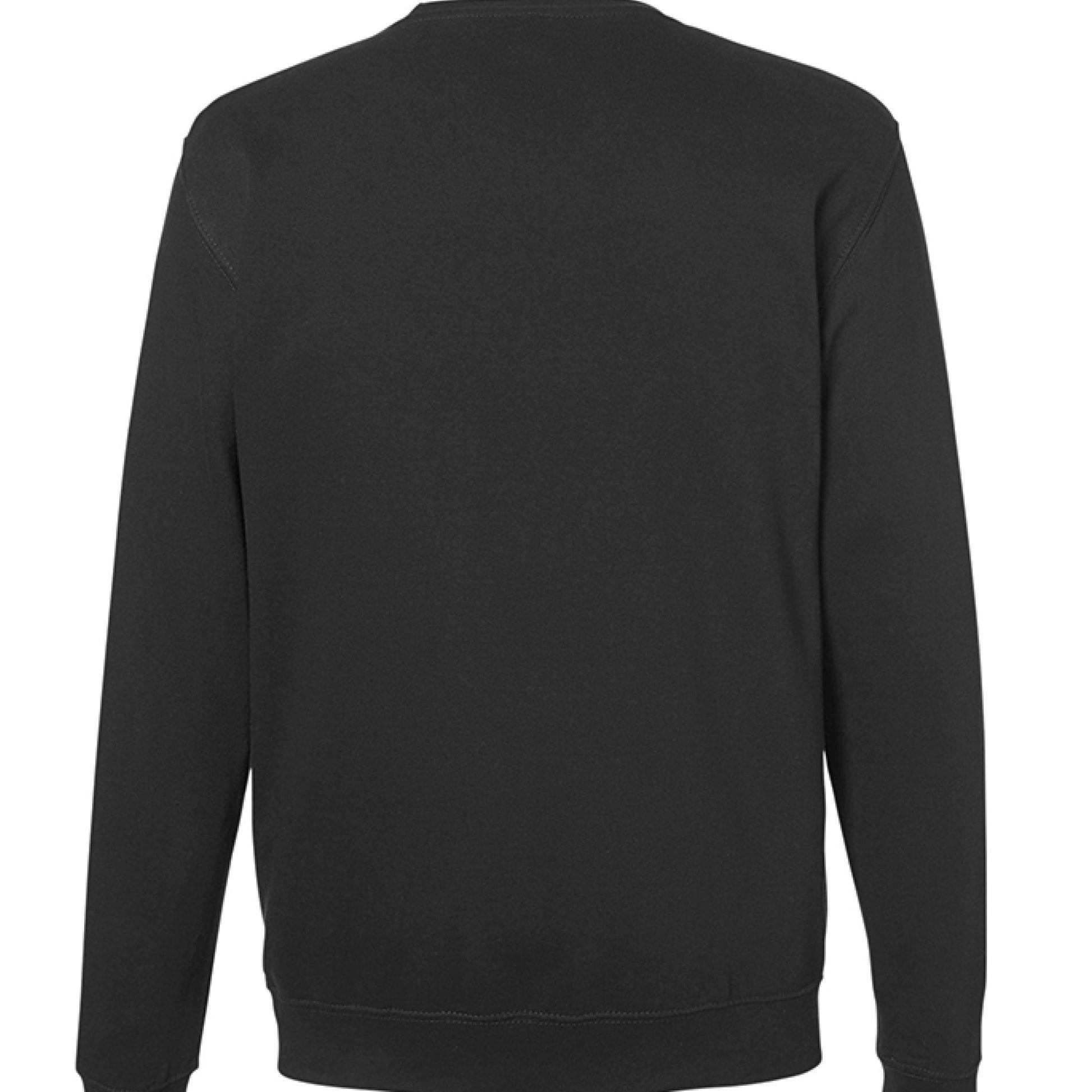 Rear view of black midweight cotton crewneck sweatshirt with Jesus is the Reason Santa design.