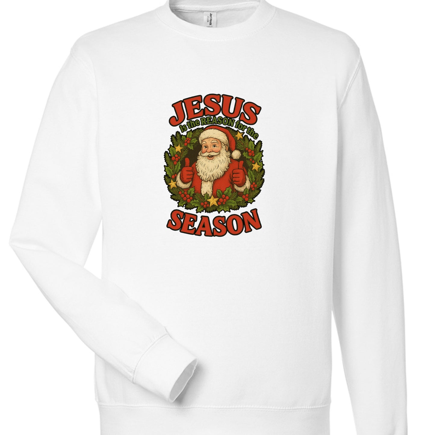 White midweight cotton crewneck sweatshirt with "Jesus is the Reason Santa" design featuring Santa in a holly wreath.